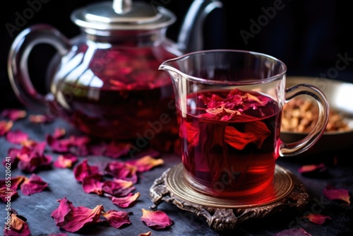 close-up shot of hibiscus tea in a glass teapot, with loose hibiscus petals nearby