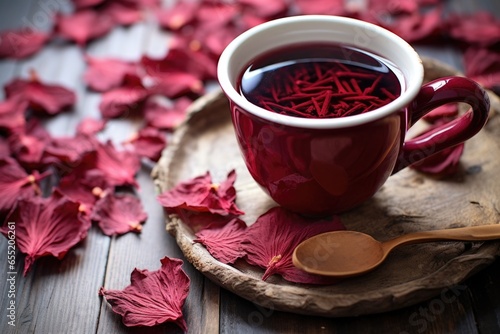 a cup of hibiscus tea on a wooden table with scattered dry hibiscus petals around