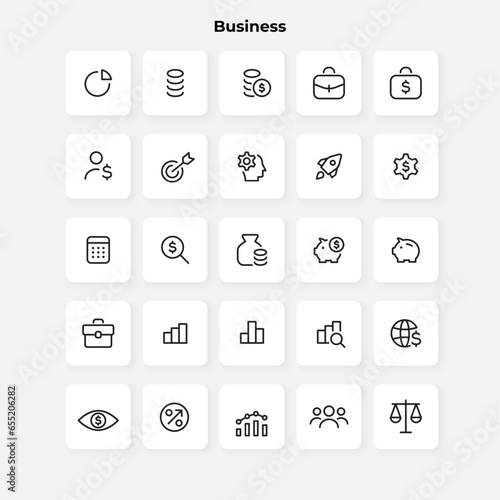 Outline vector business icons set. Briefcase, rocket, piggy bank and other elements