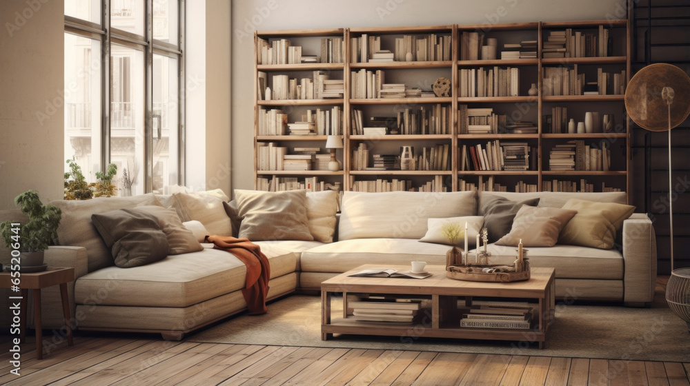 A living room with a couch a coffee table and a few bookshelves in the corner A living room with a couch a coffee table and a few bookshelves in the corner