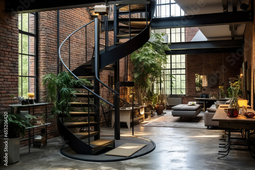 Spiral iron staircase and brick-exposed wall in a bohemian loft space. Artistic home interior design of a modern atrium with large windows photo