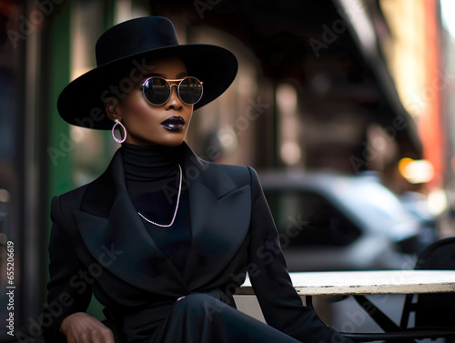 elegant dark-skinned woman in a black suit and hat photo