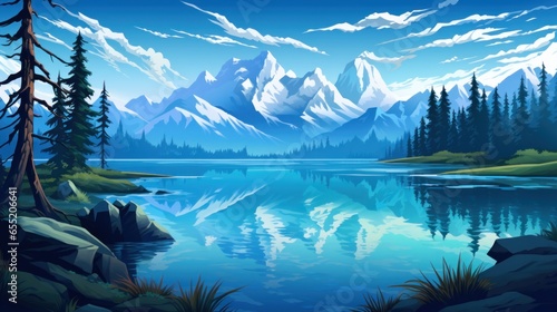 Sapphire Blue Mountain Lake  Alpine Serenity  Majestic Peaks and Tranquil Reflections Game Art