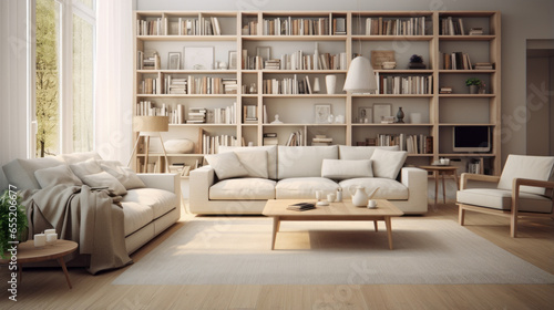 A living room with a couch a coffee table and a few bookshelves in the corner © Textures & Patterns
