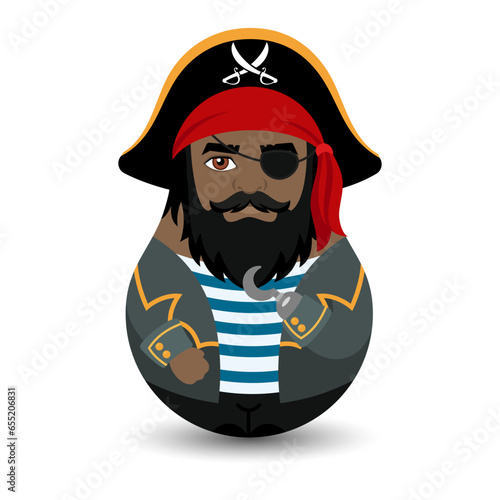A man with a black beard and an eye patch holds a hook instead of a hand. Pirate. Design tilting toy. Modern kawaii dolls for your business project. Flat vector.