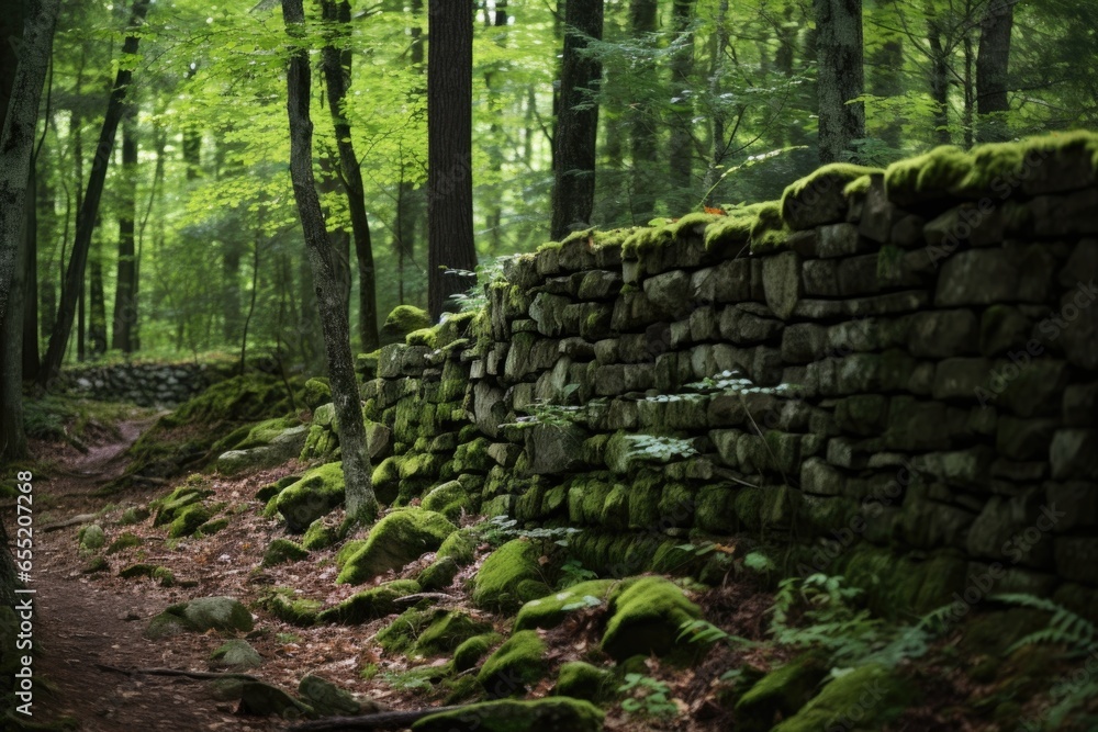stone wall bordering a serene forest clearing stone wall bordering a serene forest clearing