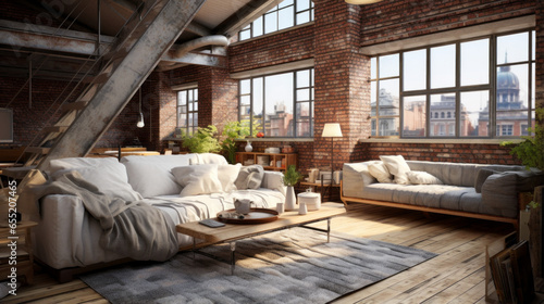 A loft apartment with open brick walls, exposed beams, and modern furnishings © Textures & Patterns
