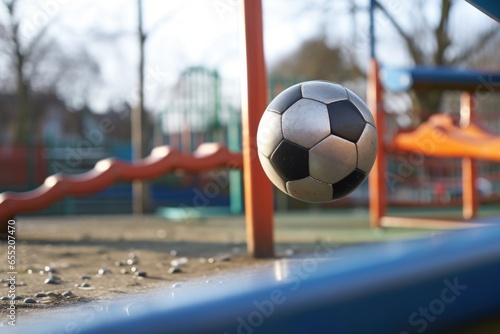 close-up of a soccer ball on a seesaw, playground blurred