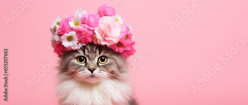 Portrait Cute fluffy cat in hat with fresh spring flowers isolated on flat pink background with copy space, spring sale banner template. 