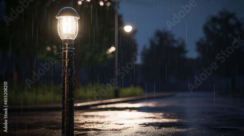 A lone streetlight shining in the rain, with no one around photo