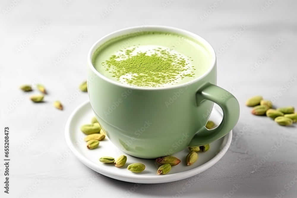 Green matcha latte with pistachios and matcha powder on white background Green matcha latte with pistachios and matcha powder on white background