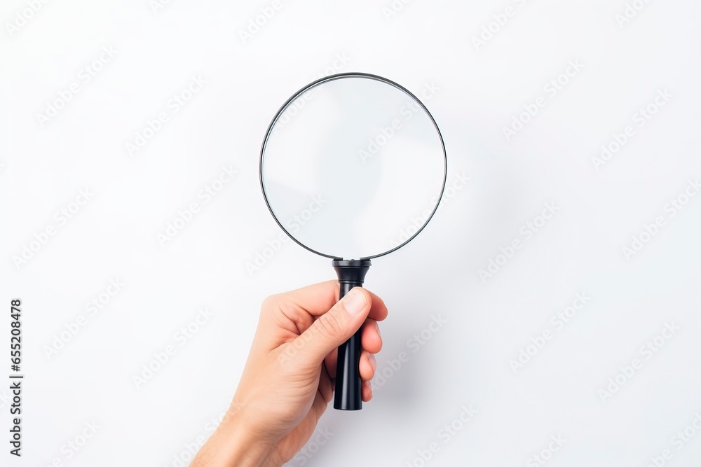 Hand holding magnifying glass on white background Hand holding magnifying glass on white background