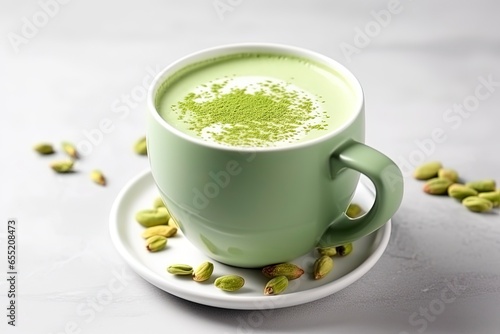 Green matcha latte with pistachios and matcha powder on white background