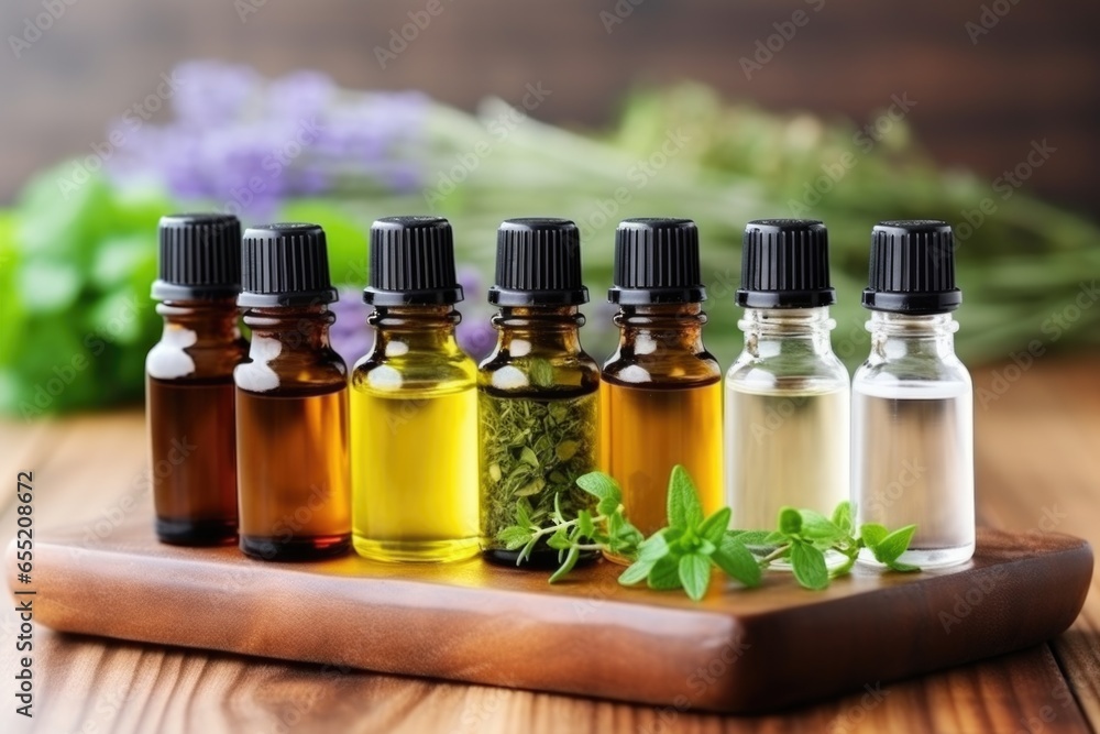close-up of essential oils in clear bottles on a wooden tray close-up of essential oils in clear bottles on a wooden tray