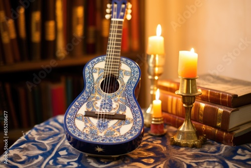 hanukkah themed decorated guitar on a songbook photo