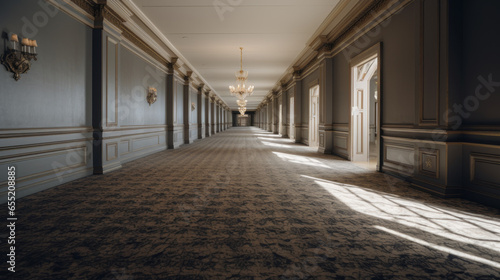 A long, carpeted hallway