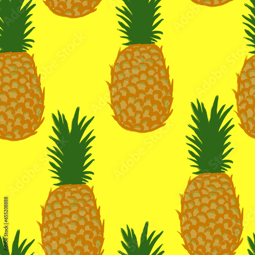 Hand drawn seamless pattern illustration of fruit pineapple, yellow green tropical dessert food, bright colorful sketch style. Eating vegetarian summer diet, tasty delicious groceries organic nature