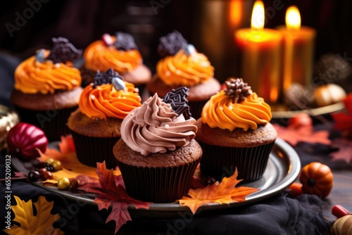 fall-themed cupcakes with candy pumpkins on top