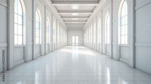 A long hallway with white walls grey tile flooring and a few white doors