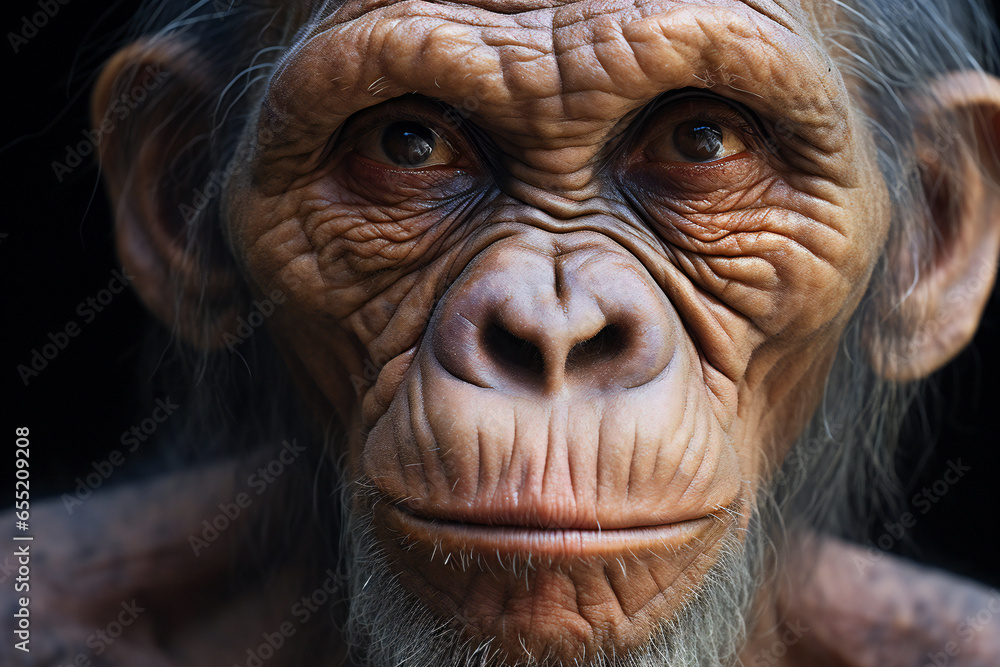 Portrait of a chimpanzee on a black background close-up
