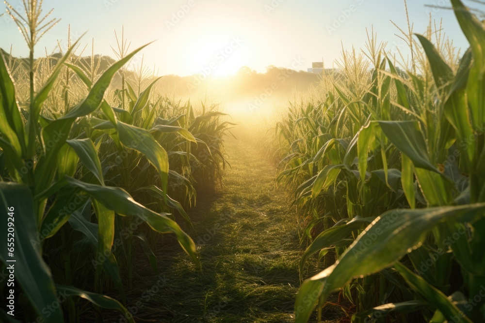 dew-kissed corn maze in early morning light dew-kissed corn maze in early morning light