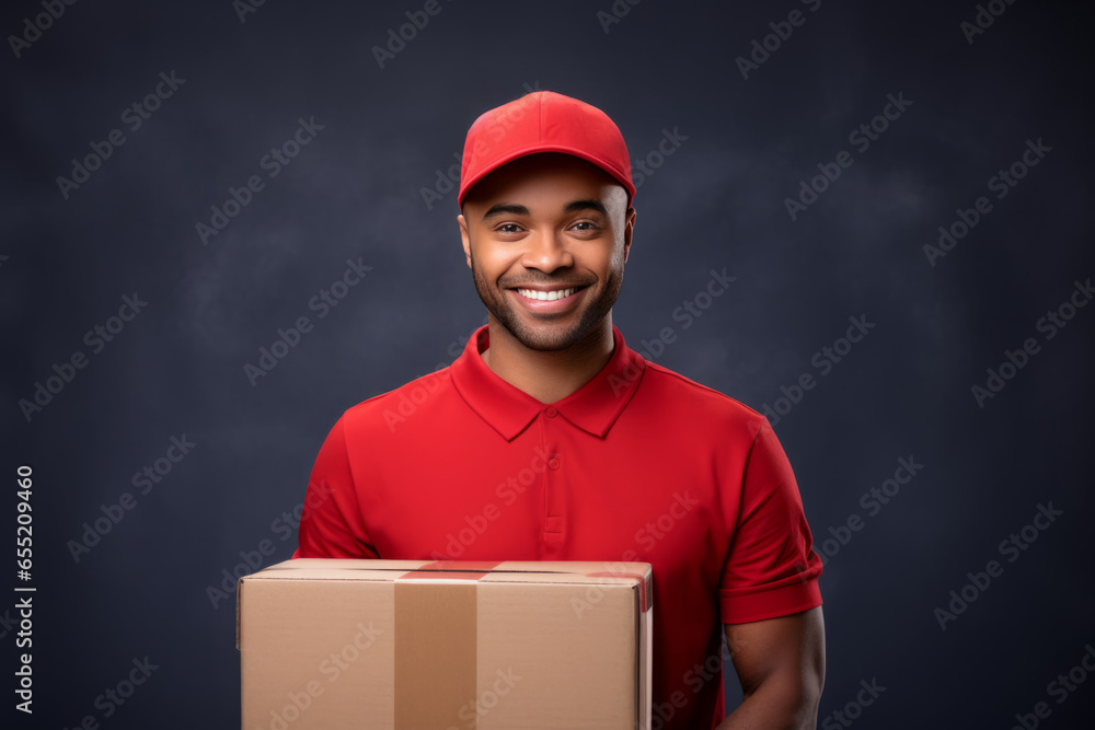 African American delivery man with carton box in studio. isolated studio background. space for text African American delivery man with carton box in studio. isolated studio background. space for text
