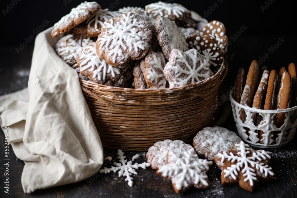 packed basket of baked-goods covered in snowflake icing packed basket of baked-goods covered in snowflake icing