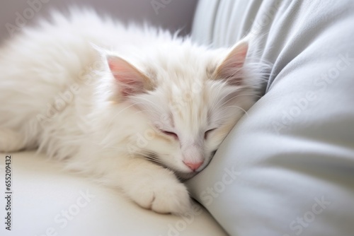 a cat curled up asleep on a fluffy white cushion © altitudevisual
