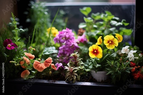 flowers of different species growing together in a planter box © altitudevisual