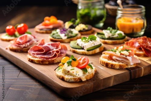 mini sandwiches with different cold cuts on an oak board