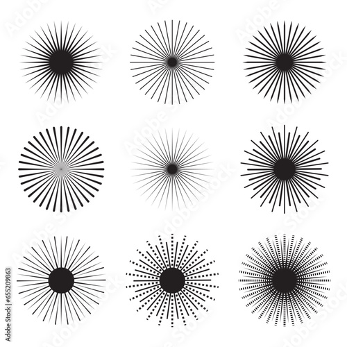 Collection of monochrome sunlight icon. Radial lines circle symbol