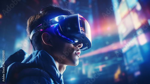 a man wearing virtual reality glasses with a neon blue lighting, background reflects what he sees