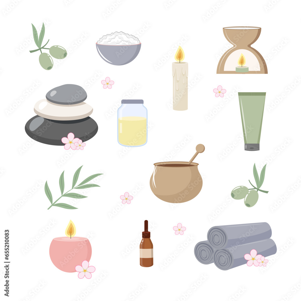 Collection of aromatherapy and spa accessories Scented candles, aroma diffuser, lamp, massage stones, essential oil