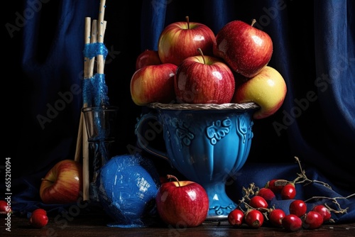 blue stocking filled with homemade candy apples photo