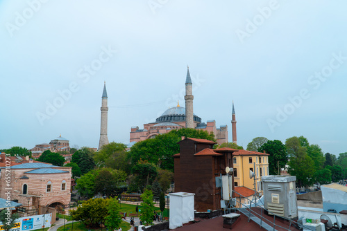 View of the streets behind the mosque of the great Aya Sofia Istanbul turkey exterior on a Cloudy day photo