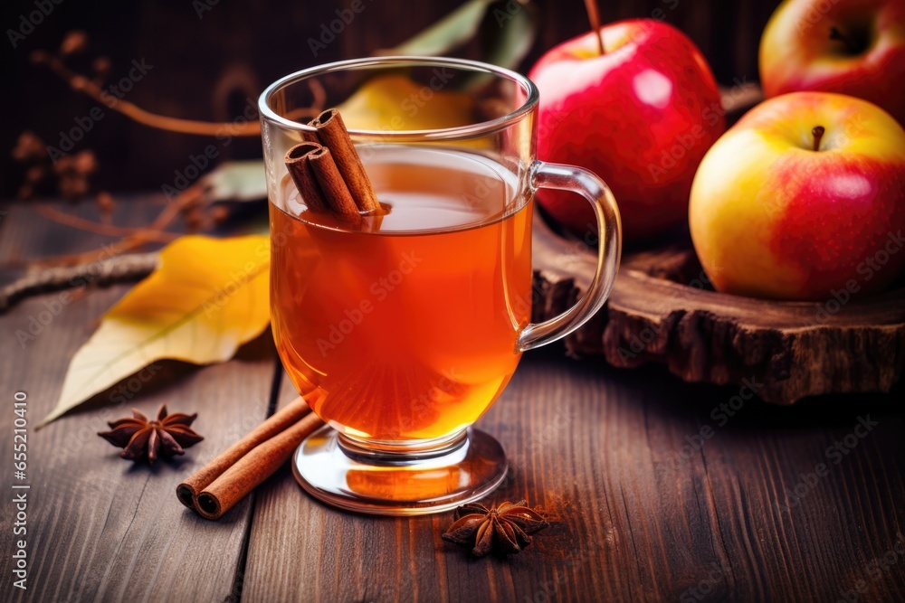 autumn cider on a wooden table with cinnamon sticks autumn cider on a wooden table with cinnamon sticks