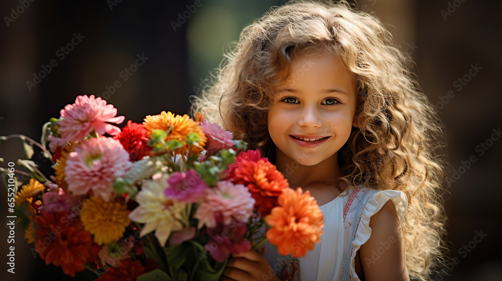 portrait of a beautiful little happy girl with a lush bouquet of colorful flowers, the girl is smiling portrait of a beautiful little happy girl with a lush bouquet of colorful flowers, the girl is smiling