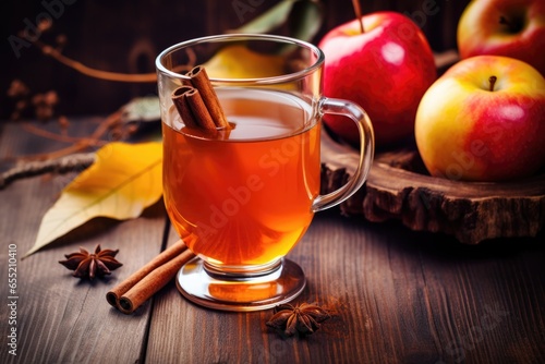autumn cider on a wooden table with cinnamon sticks