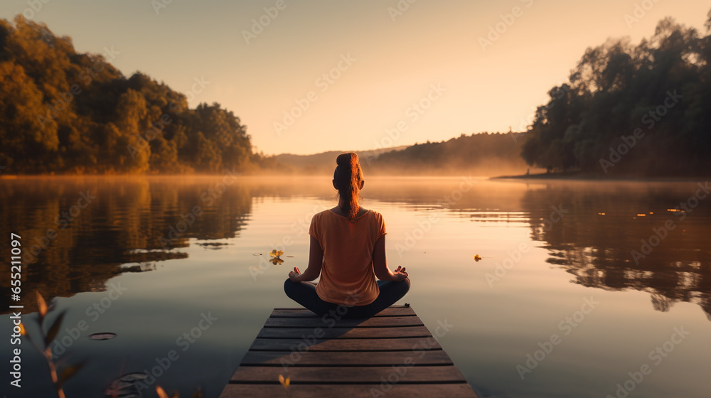 a woman sits on a small pier in the lotus position with her back to the viewer and meditates in front of a lake with morning mist and a forest on the sides
