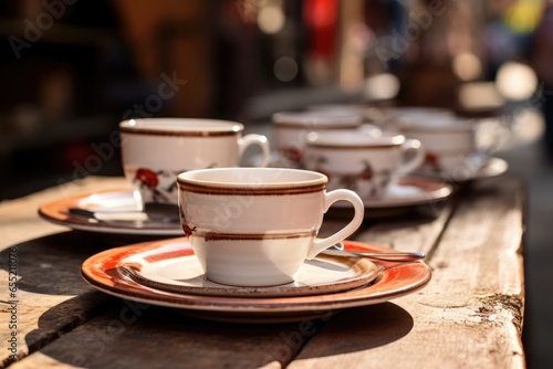 coffee cups and plates on a cafe table