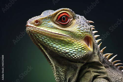 Close-up portrait of a green iguana on a dark background