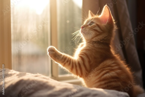 waking kitten stretching in soft morning light photo