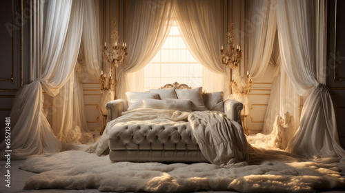 A luxurious bedchamber, with a canopy of gauzy curtains and lush pillows