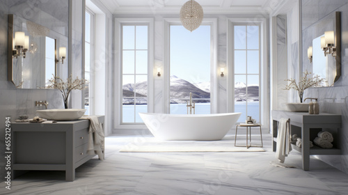 A luxurious bathroom with a white marble countertop a large soaking tub and a gold-framed mirror