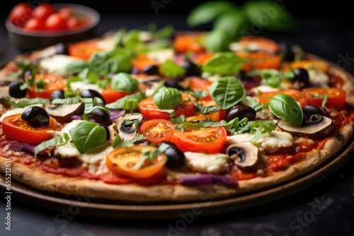 gluten-free base of a pizza topped with veggies photo