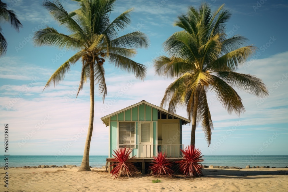 Obraz premium a beach hut surrounded by palm trees
