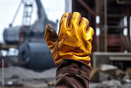 fist in union protection glove against industrial background photo