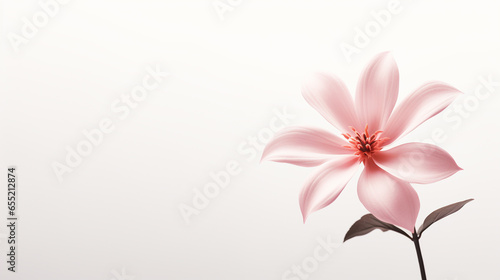 beautiful pink flower with fully opened petals and green stem and leaves, on a light background