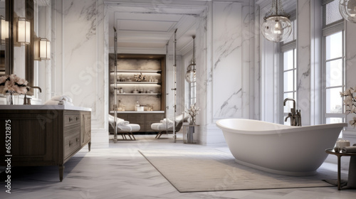 A luxurious bathroom with a white marble countertop a large soaking tub and a gold-framed mirror