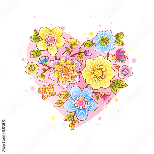 Fototapeta Naklejka Na Ścianę i Meble -  Romantic vector floral heart. Cute doodle summer flowers with butterfly and ladybird. Pink design element for Happy Valentines Day greetings. illustration for Valentines cards.